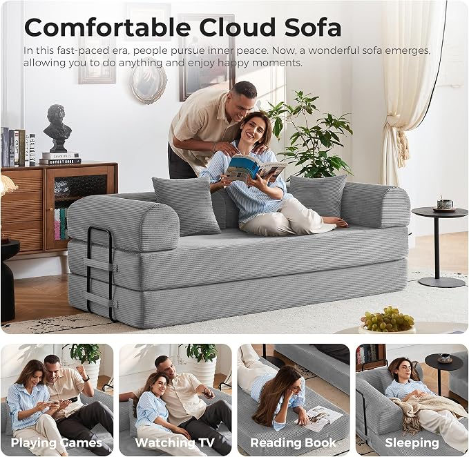79" 5-in-1 Convertible Sofa Bed No Assembly, Boneless Couch Bed with High Density Foam, Foldable Sleeper Sofa, Corduroy Modular Couch for Apartment, Studio, Dorm Room, Small Space, Light Grey