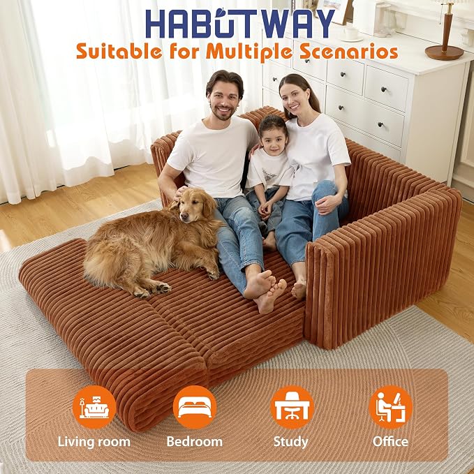 HABUTWAY 49.8" Loveseat Boneless Couch, 4-in-1 Convertible Sofa Bed, Plush Fur Folding Futon Sofa Bed Couches Without Pillow for Living Room, High-Density Foam Support, No Assembly Required, Orange