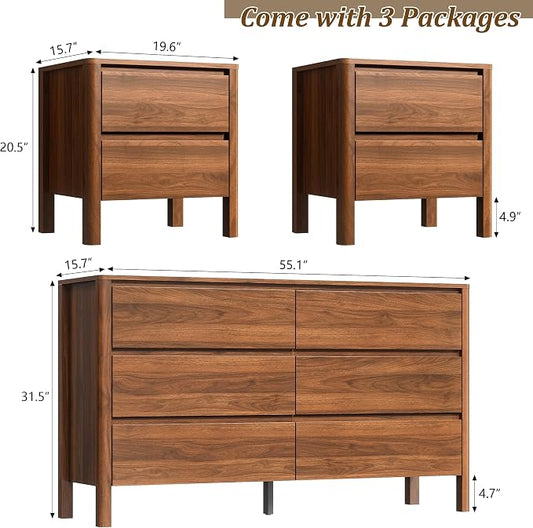Walnut Mid-Century Modern 3 Piece Bedroom Furniture Set, 6 Drawer Dresser with Handleless Wood Grain Design and Nightstands Set of 2, Minimalist Storage Dresser for Bedroom