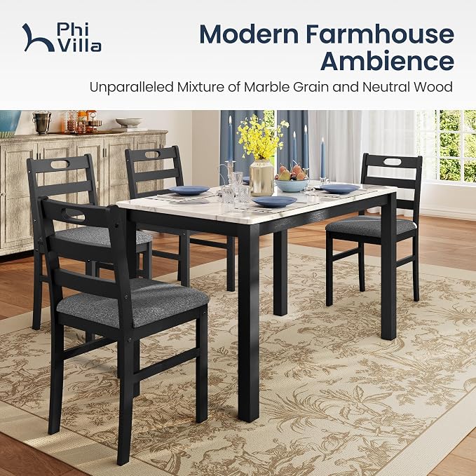 PHI VILLA Farmhouse Dining Table Set for 4, Solid Wood Kitchen Table Chairs Set of 4, 5 Piece Dining Room Table Set for Apartment, Venatino White Marble&Gray
