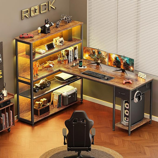 PRAISUN 57 Inch L Shaped Gaming Computer Desk with Larger Open Cabinet, Reverisble Office Desk with Power Outlets, LED Lights, Work Desk, Fabric Drawer, Adjustable Wood and Mesh Shelf, Rustic Brown