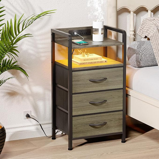 Lazzanto Night Stand with Charger Station - Grey Nightstand with LED Light Strip, Morden Bedside Table with USB Ports & AC Outlets, End Table with Storage Shelf & 3 Fabric Drawers