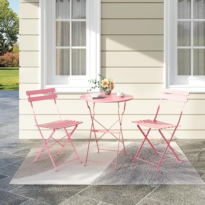 Bistro Table and Chairs Set of 2, 3 Piece Outdoor/Indoor Folding Patio Bistro Sets, 2 Chair Patio Furniture Set with Table, Premium Frame Foldable Coffee Tables for Balcony, Yard, Garden, Pink
