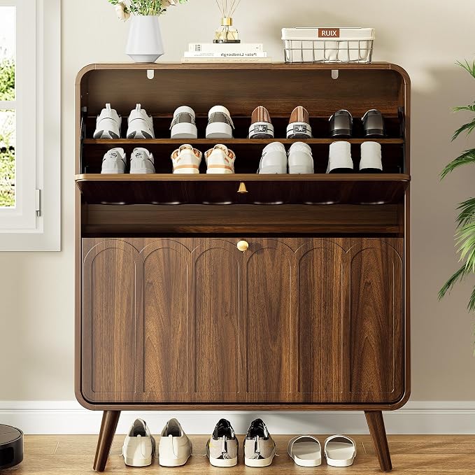 Decofy Shoe Cabinet with 2 Flip Drawers, Expanded Panel for Long Footwear, Freestanding Shoe Storage Cabinet with 3-Gear Adjustable Shelves, Narrow Shoe Cabinets for Entryway, Solid Wood Legs, Walnut