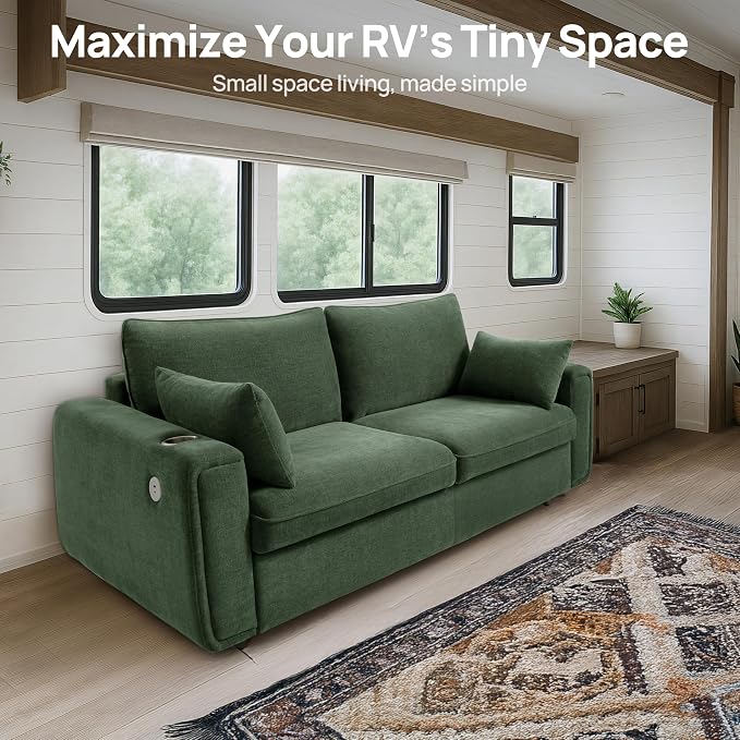 Pull Out Sofa Bed, No Cushion Removal, Queen Sleeper Sofa with USB Fast Charging, Memory Form Mattress, 2-in-1 Convertible Comfy Loveseat Couch Bed for RV, Apartment, and Small Spaces (Green)