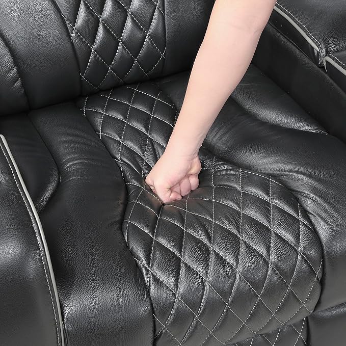 Lexicon Power Double Reclining Sofa, Center Drop-Down Table with Heat/Massage/Headrest/Storage Arms/Cup Holders/LED Lights/Wireless Charging, Top Grain Leather Match Wall Hugger Recliner Sofa, Black