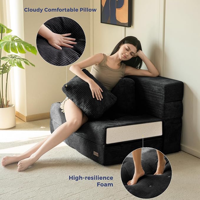 MAXYOYO Convertible Sofa Bed, Fold Out Sofa Couch with Pillow, 4 in 1 Tufted Folding Couch Bed Foam Floor Couch, Lazy Chair for Living Room Bedroom Guest Room, Black