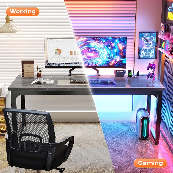 Huuger 63 x 24 inch Desk with Power Outlets & USB-C, Deeper & Thicker Desktop, Robust Metal Tubes, Computer Desk, Heavy Duty Office Desk, Work Gaming Desk, for Home Office, Grey