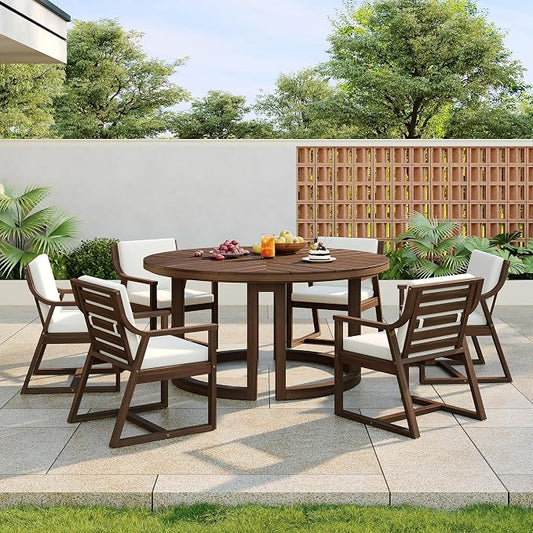 Quarte 7-Piece Patio Dining Table Set, Round Dining Table with 1.96" Umbrella Hole, Outdoor Wooden Patio Furniture Set for Garden, Backyard and Pools (Mocha-7)