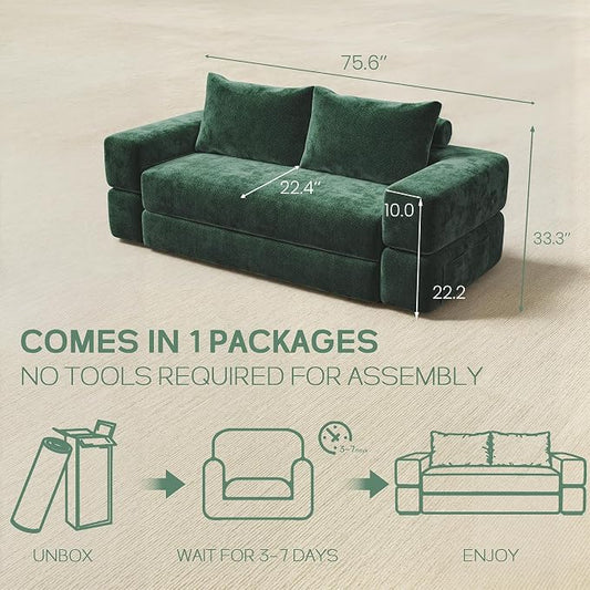 75'' Folding Convertible Sofa Bed with Large Pillow, 4-in-1 Foldable Pull Out Futon Sofa Bed, Chenille Boneless Mattress Couch, No Assembly Floor Sleeper Sofa Bed for Living Room/Bedroom, Dark Green