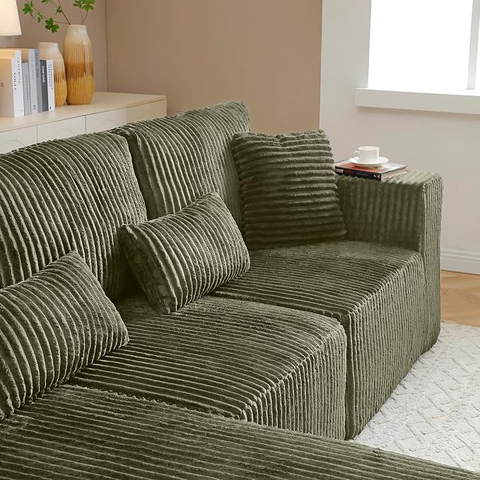 L Shaped Modular Boneless Sectional Couches for Living Room, Wide Armrest, Deep Seat, Memory Foam, Assembly Free, Modern Comfy Corduroy Fluffy Cloud Sofa with Left Chaise, Green