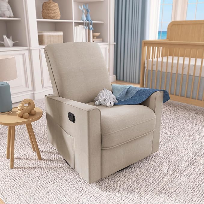Evolur Raleigh Upholstered Manual Glider Recliner– Rocking & 360° Swivel with Smooth Glide – Greenguard Gold & FSC Certified – Modern Nursery and Living Room Chair in Tan
