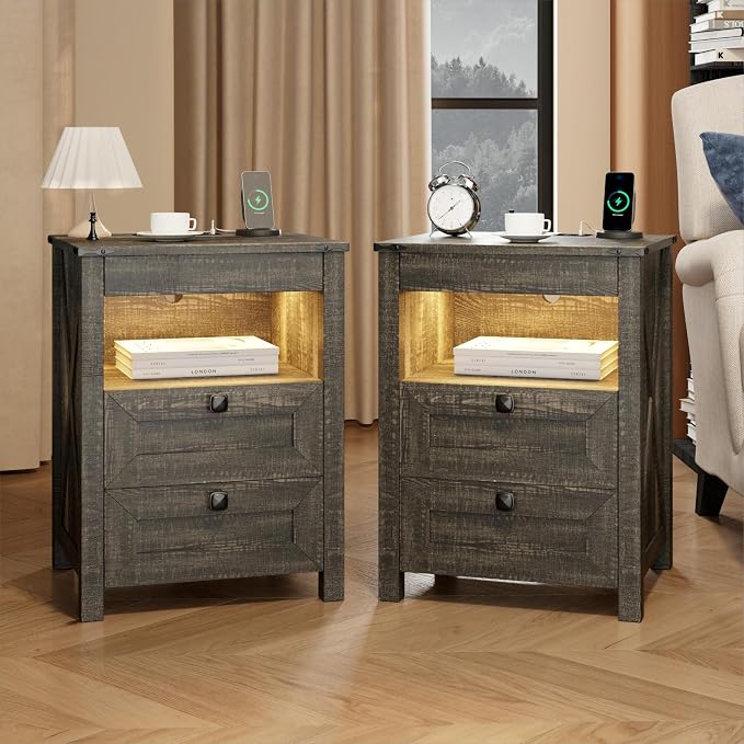 TAGELIER Nightstands Set of 2 with Gun Drawer, Farmhouse Bedside Table with Charging Station, Gun Night Stand with LED Light & Human Sensor, Smart End Table for Bedroom, Rustic Brown