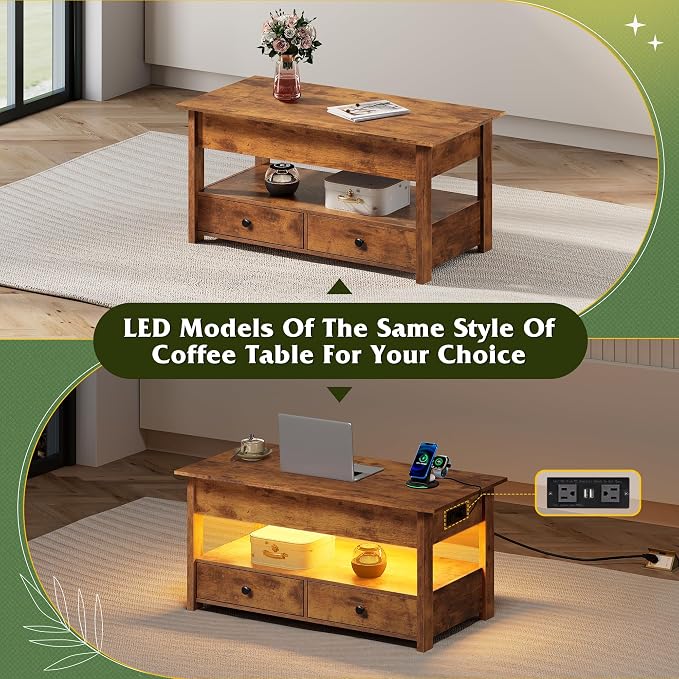 WLIVE Coffee Table, Lift Top Coffee Table with Drawers, LED Light, Large Storage and Open Shelf, Lift Tabletop for Living Room, Rustic Brown