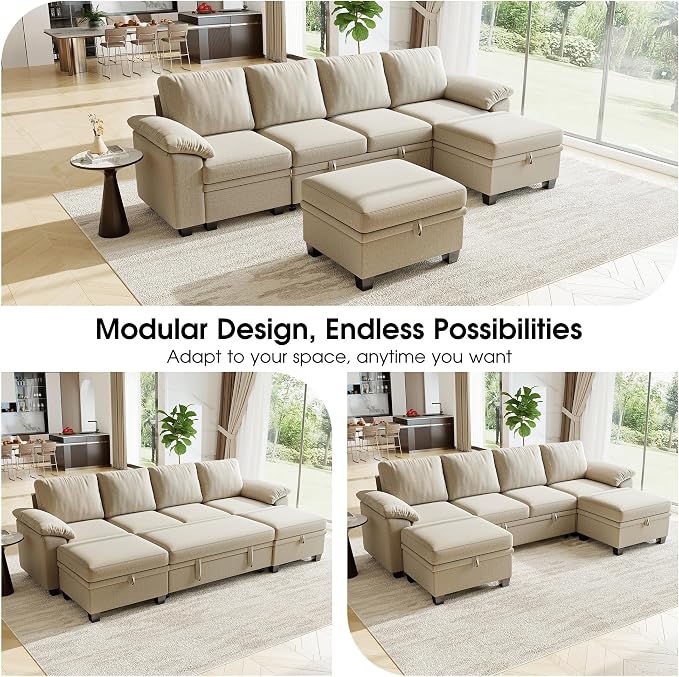 107.8" Modular Sectional Sleeper Sofa Bed, U Shaped 6 Seat Pull Out Couch with Storage Ottoman, Convertible Cloud Couch Bed, Sectional Couches for Living Room, Apartment (Sand)