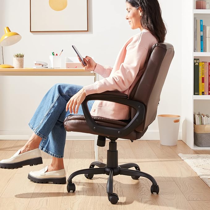 Amazon Basics Classic Puresoft PU Padded Mid-Back Office Chair with Armrest, Height Adjustable, Wheels, 25.75"D x 24.25"W x 42.25"H, Brown