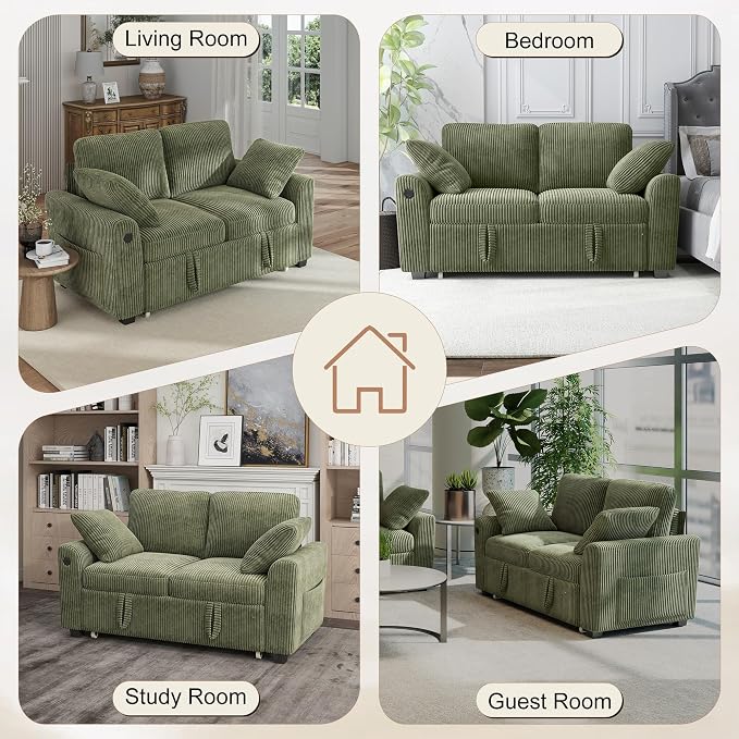 Hanherry 59" Loveseat Sofa with Pull Out Couch Bed, Corduroy 2-in-1 Convertible 2 Seater Sleeper Sofa with USB Charging,Comfy Love Seat for Small Spaces Living Room Apartment