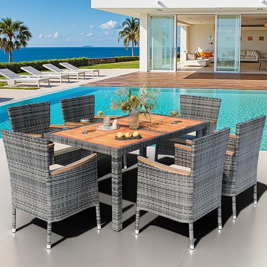 Shintenchi 7 PCS Patio Dining Set, Wicker Patio Conversation Set with Wooden Table Top, Outdoor Table and Chairs with Soft Cushions for Backyard, Deck and Garden, Grey Rattan
