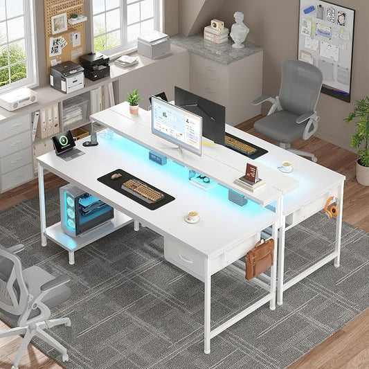 DurayLoly Computer Desk with Ergonomic Monitor Stand & CPU Stand,47.2" Gaming Desk with 1 Drawer & Power Outlet & LED Lights for Home Work, Bedroom Study and Gaming, Small Spaces,White