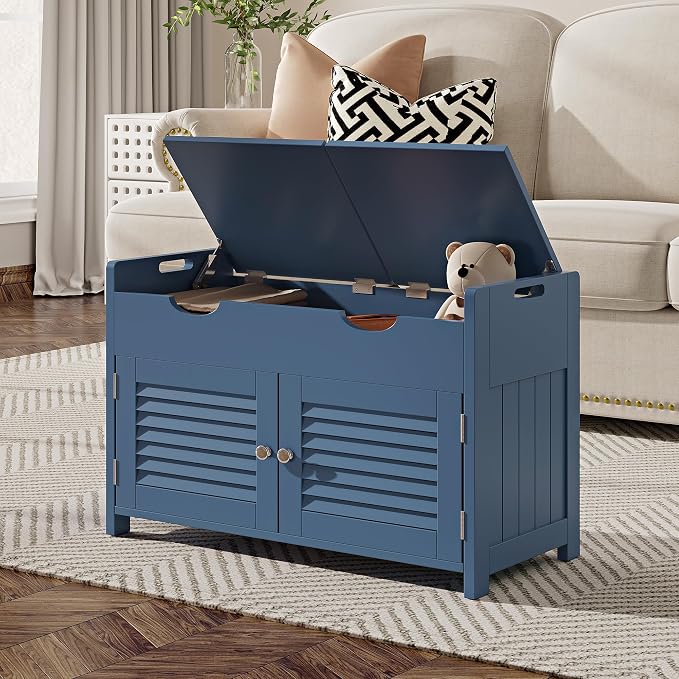 ChooChoo Shoe Storage Bench with Lift Top Storage, Entryway Bench with 2 Cushioned Seats, 3 Compartments, Adjustable Shelf, Shoe Cabinet for Entryway, Bedroom, Living Room, Blue