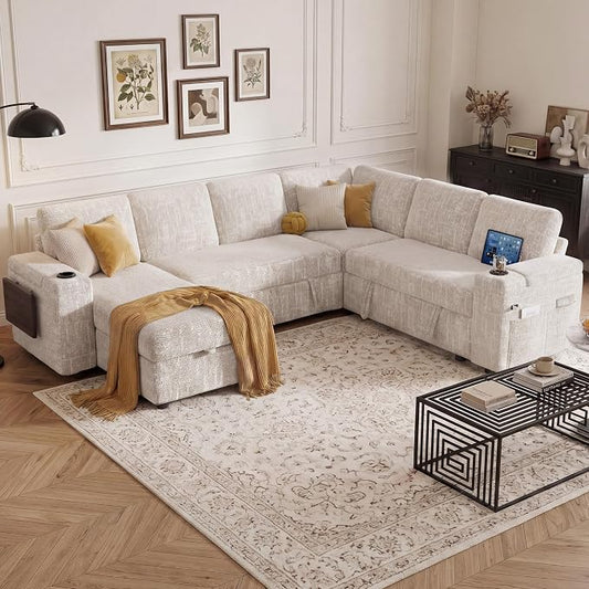 Vipbear Premium 111" Modular Sectional Sleeper Sofa, 7 Seat Sleeper Sofa with Pull Out Bed, L Shaped Couch with Storage Chaise|USB Ports|Cup Holders|Storage Armrests|Side Table, White