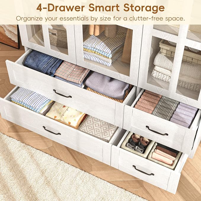 Squireewo 78" Arched Armoire Wardrobe Closet with Motion Sensor LED Light, 3 Windowpane Glass Doors & 4 Drawers, Large Wood Bedroom Storage Cabinet, Clothing Organizer with Hanging Rod, White