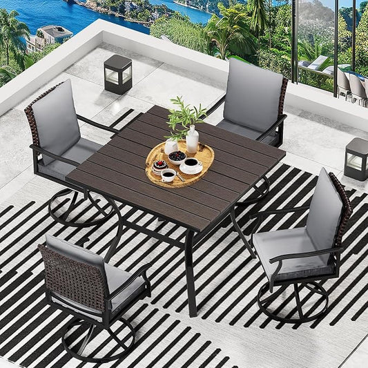 LEVELEVE 5 Piece Outdoor Patio Dining Set with 4 Swivel Dining Chairs & 1 Large Round Dining Table,Bistro Furniture Set for Lawn, Garden, Deck, Backyard and Porch
