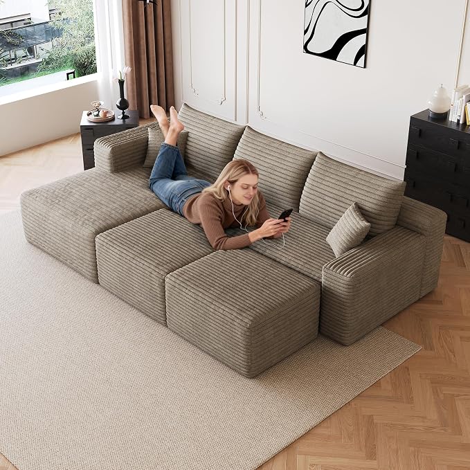 JINGLING 25.6 Inch Plush Corduroy Ottoman, Modular Sectional Foot Rest for Living Room, Upholstered Cloud Ottoman for Boneless Couch in a Box, Compressed Memory Foam, No Assembly Require, Camel