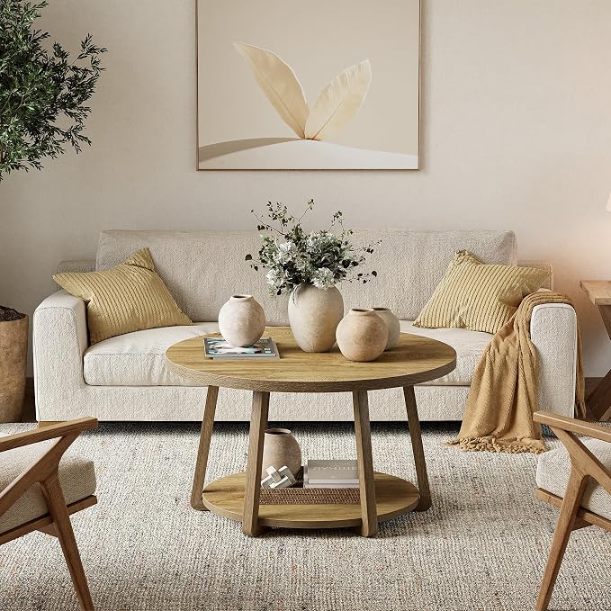 LITTLE TREE Round Coffee Table, 2-Tier Center Table with Storage, Wooden Legs, 31.5 Dia. x 19.6 H Inches, Easy Assembly, Circle Coffee Tables for Living Room, Bedroom