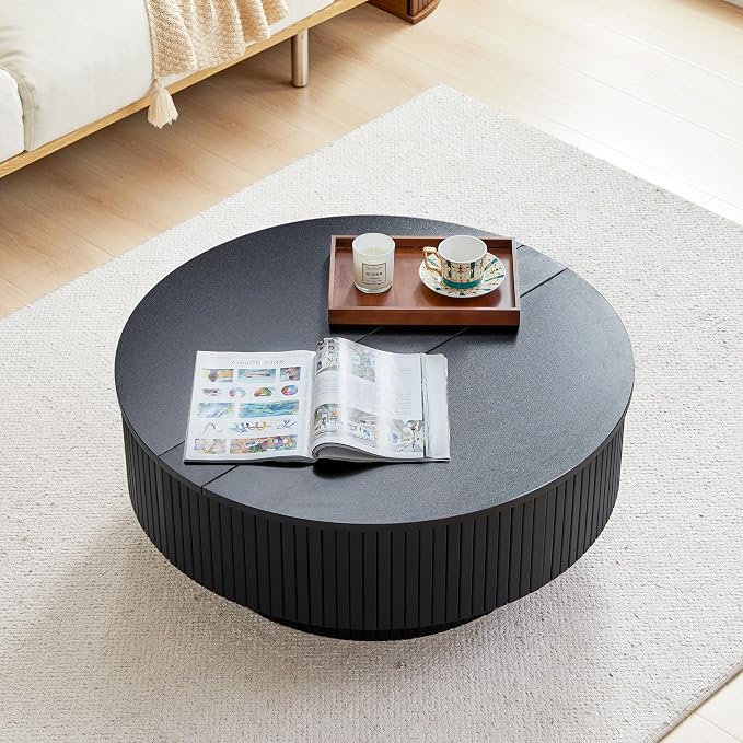 33" Round Coffee Table with Lift-Top & Flip-Top Storage, Modern Accent Fluted Coffee Tables with Metal Frame, Wooden Circle Center Table for Living Room Small Space Apartment Office (Black)