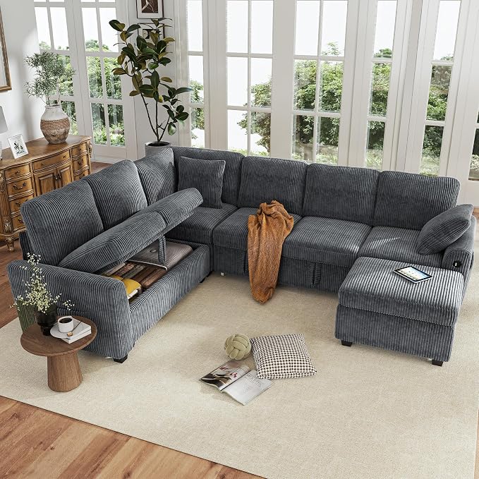 Hanherry 106" Sectional Sofa with Pull Out Couch Bed,6 Seater Corduroy Sleeper Sofa with Storage Ottoman & USB Charging,Comfy L Shaped Modular Couches for Living Room,Apartment