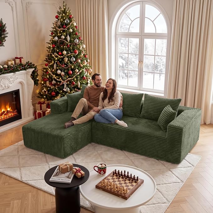 92.5" L Shaped Modular Sectional Sofa, Boneless Cloud Couch with Deep Seat Chaise, Compressed Corduroy Memory Foam Sofas, No Assembly, 3 Seater Couch for Living Room, Apartment, Bedroom