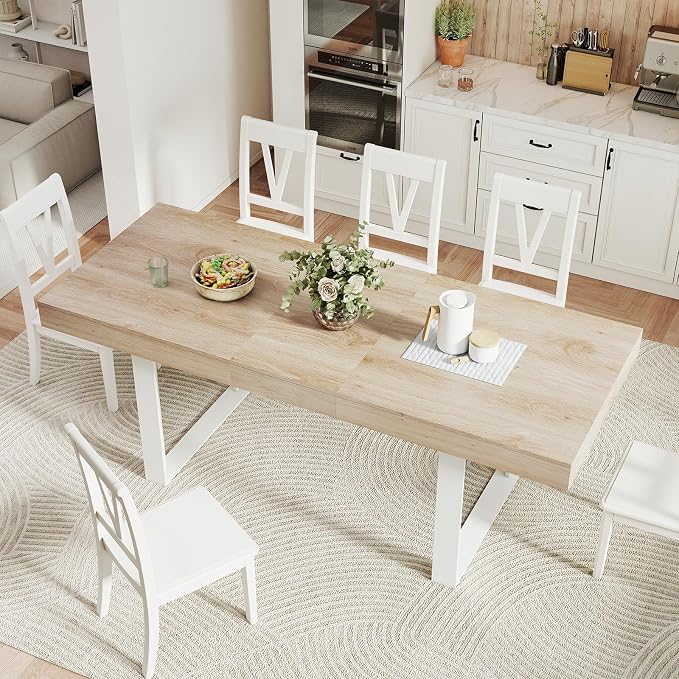 Zevemomo 63"-78.7" Expandable Dining Table for 4-8, Extendable Dining Room Table, Space-Saving Kitchen Table Equipped with an Expandable Slide Track, Tapered U-Shaped Wood Legs for Living Room(Oak)