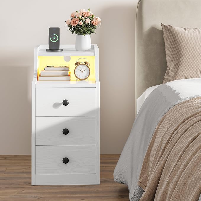 LIKIMIO Narrow Nightstand with Charging Station and LED Lights, Modern Night Stand, End Table with 3 Drawers, Open Shelf, Side Table for Living Room/Bedroom, White