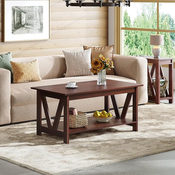 WLIVE Coffee Table with Storage Shelf, 39.4" Farmhouse Coffee Table with V-Frame Support, 2-Tier Wood Rustic Center Table for Living Room, Bedroom & Balcony, Espresso