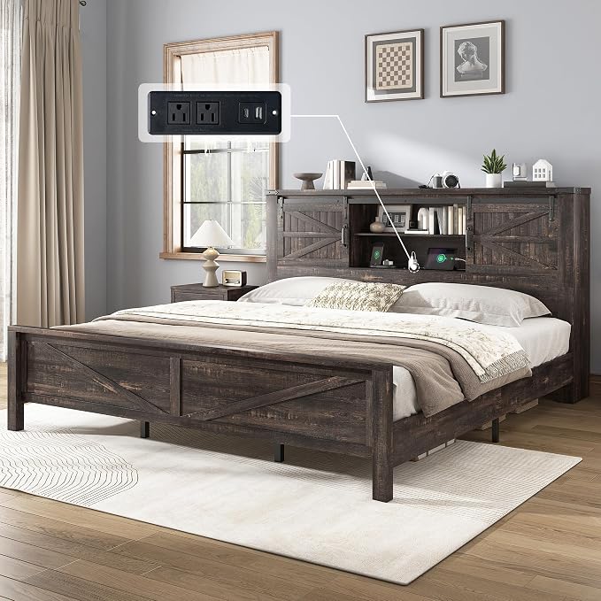 AMERLIFE 4 Pieces Farmhouse Bedroom Set, Includes King Size Bookcase Headboard Bed Frame, 5 Drawer Tall Dresser, 47'' Dresser with 4 Drawers, 60" Dresser with 4 Drawers, Black Oak