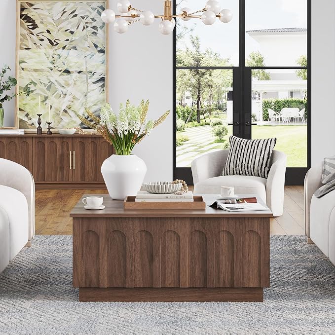 FORTUNETEC Lift Top Coffee Table with Storage, Modern Coffee Table with Arched Design, 31.5" Square Tea Table with Wood Grain, Minimalist Multifunctional Center Table for Living Room, Office, Walnut