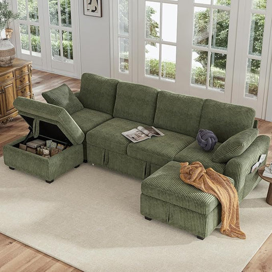 Hanherry 104" Sectional Sofa with Pull Out Couch Bed,Corduroy 4 Seater Sleeper Sofa with Storage Ottoman & USB Charging,Comfy U Shaped Modular Couches for Living Room,Apartment