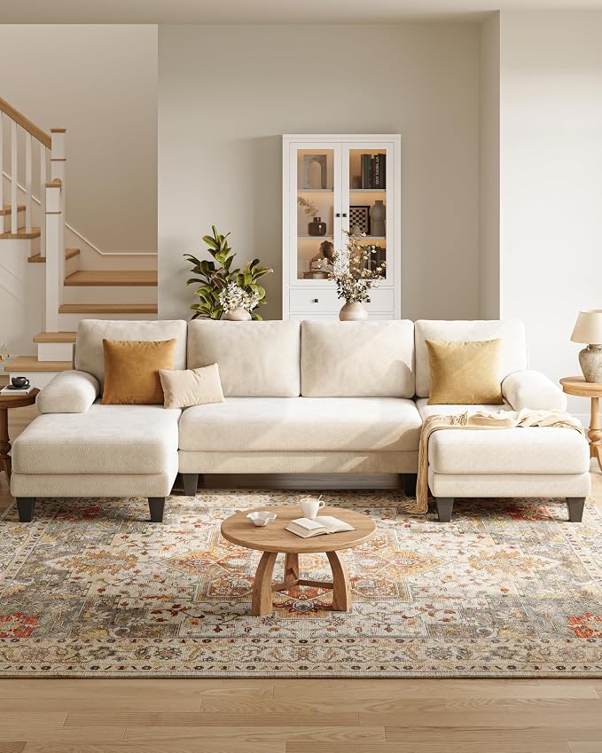 U-Shaped Sectional Couches for Living Room | 112 Inch Modern Sectional Couch | Warm White Chenille Sofa with Double Chaise for Apartment