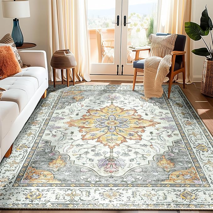 RELEANY Area Rugs 6'x9' Washable Non-Slip, Floral Vintage Distress Medallion Carpet for Living Room Bedroom Dining Room, Beige Carbon Grey Orange