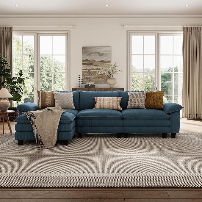 LINSY HOME 123'' Modular Sectional Sofa 3 Seat Couch Corduroy Cloud Couch with Deep Seat, Modern L-Shaped Cloud Couch with 1 Movable Ottoman for Living Room, Office, Bedroom, Blue