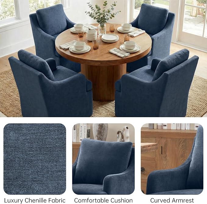 VKNOW Upholstered Dining Chairs Set of 6, Modern Kitchen Chairs Dinner Chairs with 4 Casters, Chenille Armchair for Bedroom Reading Room Living Room, Blue