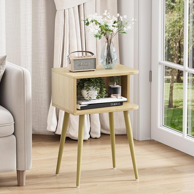 Natural Nightstand Set of 2, Small Bed Side Table for Small Spaces, Mid Century Modern Nightstand End Table with Open Storage, Side Table for Bedroom Living Room, MLBZ20Y-2