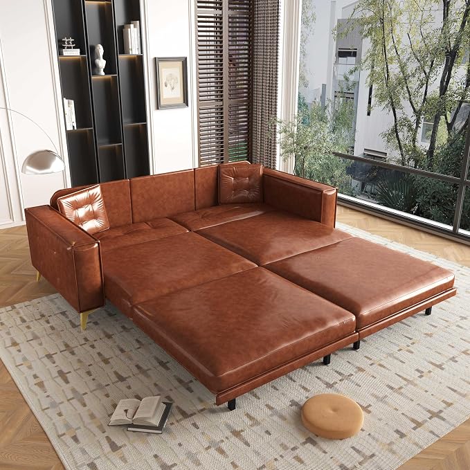92.1'' King Pull Out Sofa Bed, Convertible Futon Couch, 3-in-1 Faux Leather Sleeper Sofa with Tufted Back, 2 Pillows, Gold Legs, Deep Folding Loveseat for Living Room, Apartment, Light Brown