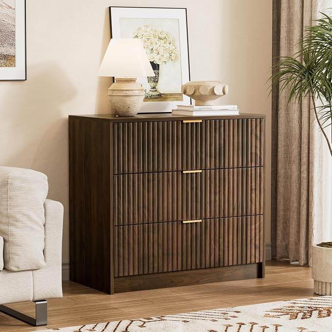 Furniway Walnut Dresser for Bedroom, Modern Dresser with 3 Drawers and Smooth Slides, Wide Chest of Drawers with Golden Handles for Bedroom, Living Room, Closet, 15.7" D x 31.5" W x 29.6" H