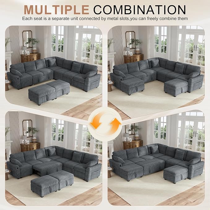 Hanherry 106" Sectional Sofa with Pull Out Couch Bed,7 Seat Corduroy Sleeper Sofa with 2 Seat Storage & USB Charging,Storage Ottoman,Comfy Modular Couches for Living Room,Apartment