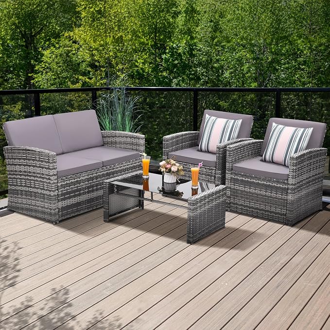 KROFEM 4-Piece Patio Furniture Set, Wicker Outdoor Rattan Sectional Sofa with Cushions and Glass Table, All-Weather Outdoor Conversation Set for Garden, Porch, Backyard, Patio, Light Grey