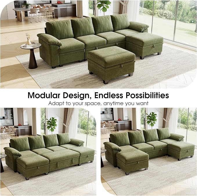 107.8" Modular Sectional Sleeper Sofa Bed, U Shaped 6 Seat Pull Out Couch with Storage Ottoman, Convertible Cloud Couch Bed, Sectional Couches for Living Room, Apartment (Green)