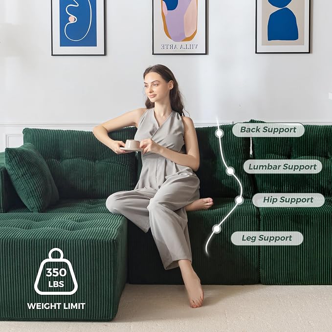 MAXYOYO Modular Sectional Sofa Couch, L Shaped Modern Cloud Couch with Ottoman, Sofa in A Box, Tufted 4-Seat Boneless Sleeper Chair for Living Room, No Assembly Required, Green