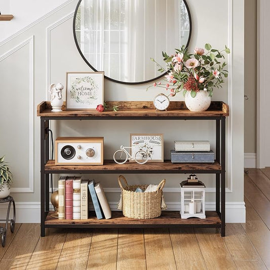 IRONCK Console Table, Sofa Table with Power Outlet, Farmhouse Hallway Table for Entryway, Living Room, Height Adjustable, Easy Assembly, Rustic Brown, 43"